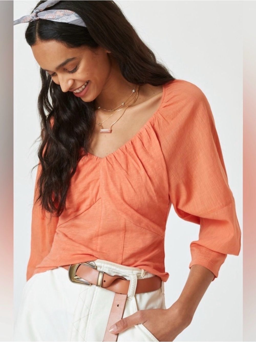 Anthropologie Coral Peasant Puff Sleeve Top 100% Cotton Size Medium